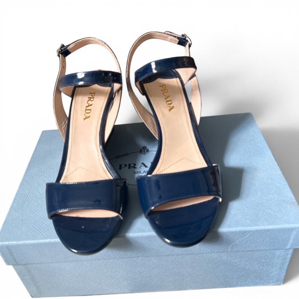 PRADA Navy Blue Patent Leather Logo Wedge Heel Sandals NWOT SZ 9 US  39.5EU